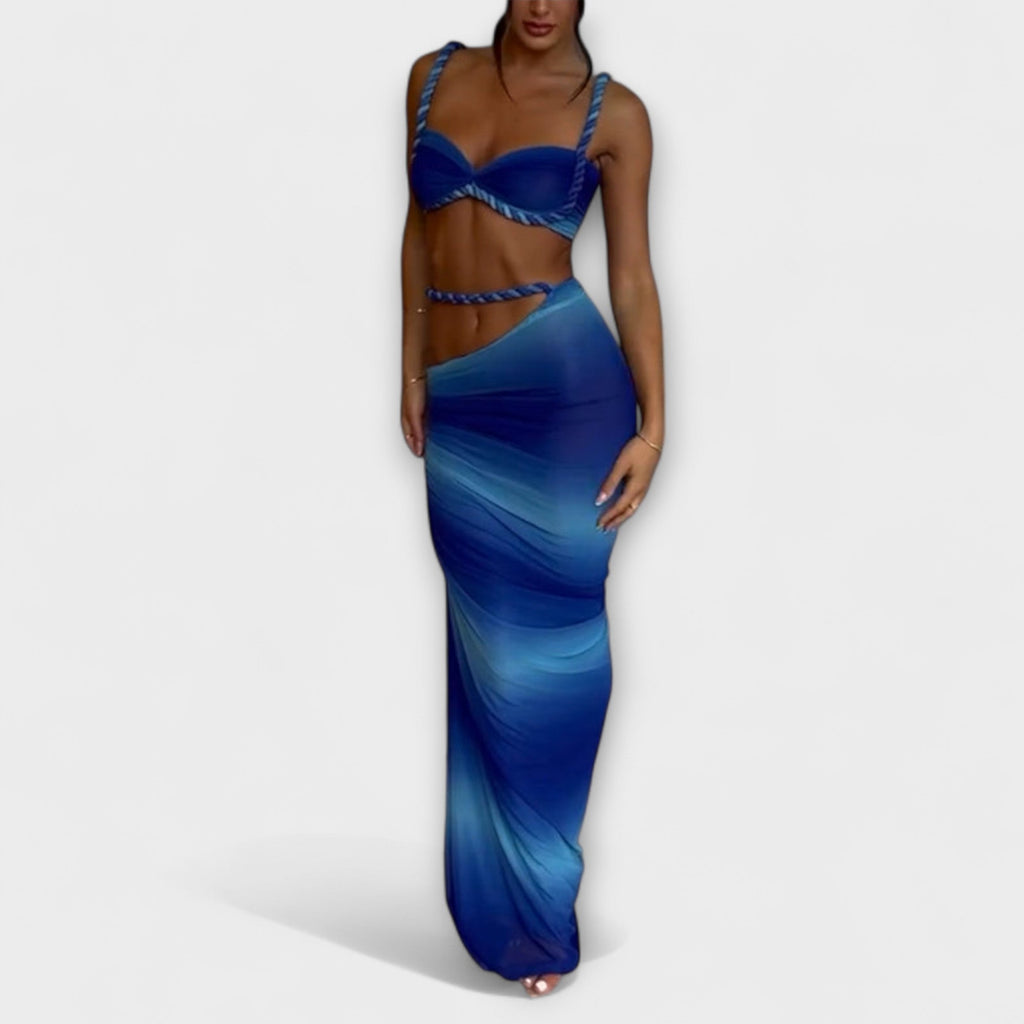 Jane - Tyylikäs gradientti Flet crop-top ja yllähelmainen setti