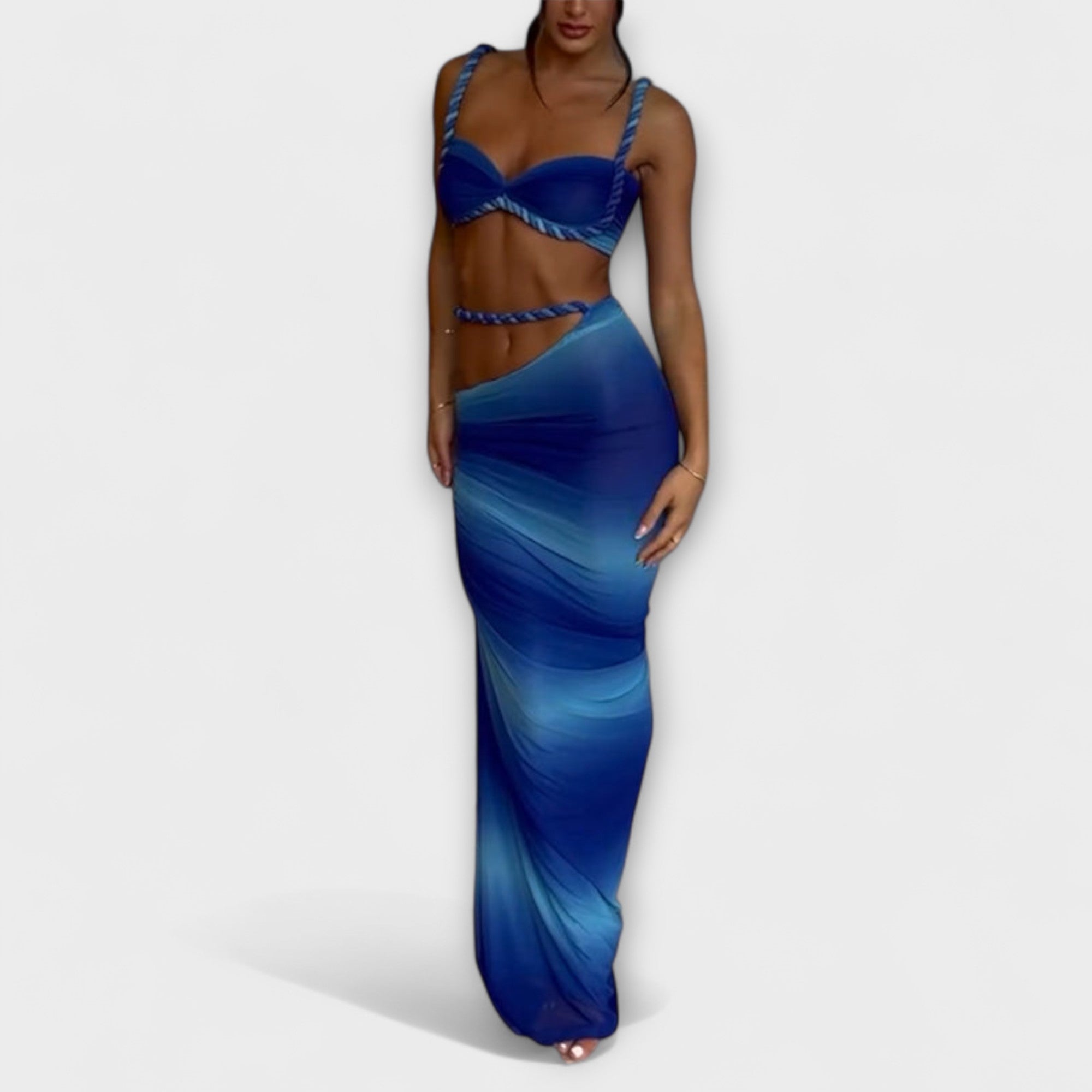 Jane - Tyylikäs gradientti Flet crop-top ja yllähelmainen setti