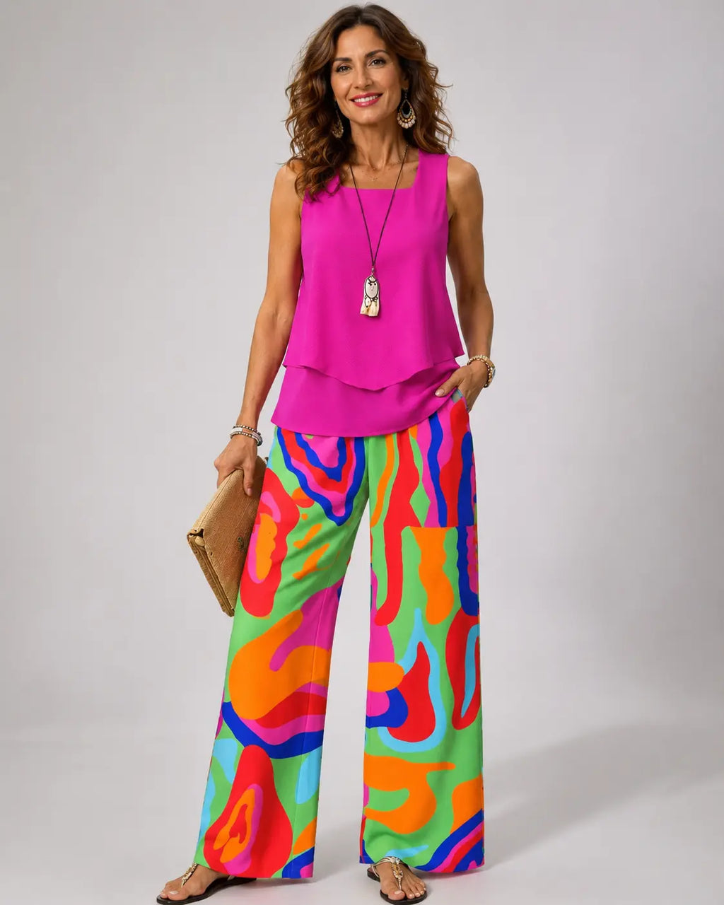 Clotilde™ | Vaaleanpunainen toppi ja abstrakti housut