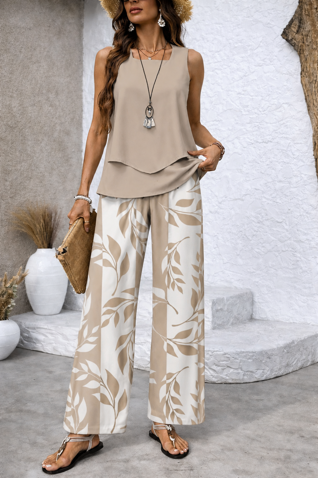 Ernestina™ | Luonnollinen Beige Paita ja Kasvitieteelliset Housut