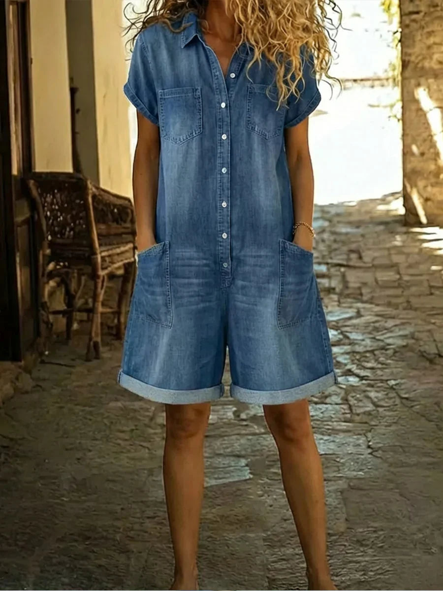 Elvora | Denim Yhdistelmäpuku Kauluksella ja Lyhyillä Hihoilla
